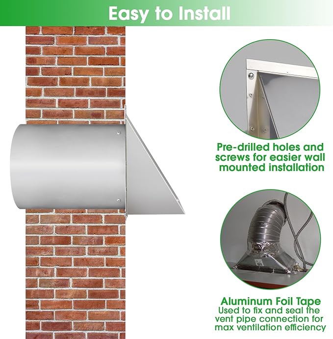 10 Inch Wall Vent Exhaust Vent Cover,Hooded Wall Vent with Screen and Damper,Outdoor Wall Exhaust Vent Cap Exterior Air Vent Cover for Kitchen Range Hood HVAC Duct Dryer Ventilation, Stainless Steel