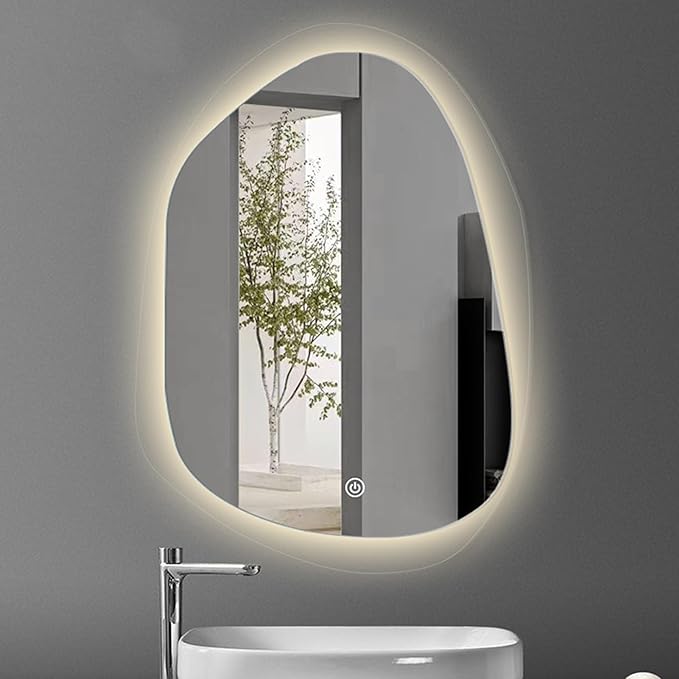 Irregular Bathroom Mirror with LED Light, Lighted Bathroom Makeup Wall Mounted Mirror with Demister Pad, 3 Colors Dimmable Lighting, Sensor Touch Switch(A,70x90cm)
