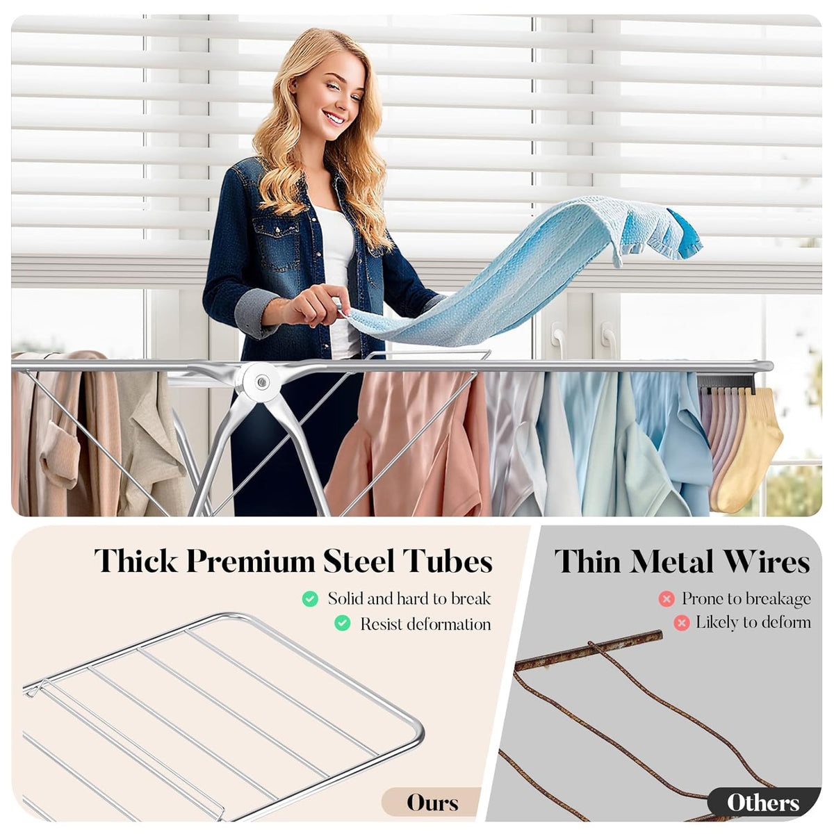 APEXCHASER Clothes Drying Rack with 4 Wings, Stainless Steel Drying Rack Clothing with Sock Clips, Metal Connectors, Height-Adjustable, Foldable Laundry Drying Rack, Indoor Outdoor Use, No Assembly