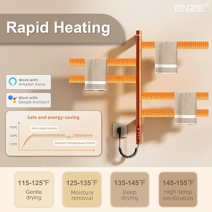 ENZE Smart Rotating Heated Towel Rack for Bathroom, Wall-Mounted Electric Towel Dryer with Swivel Bars, Smart Timer, Low Carbon Steel, IPX5, Plug-in/Hardwired, Towel Warmer with Wi-Fi App Control