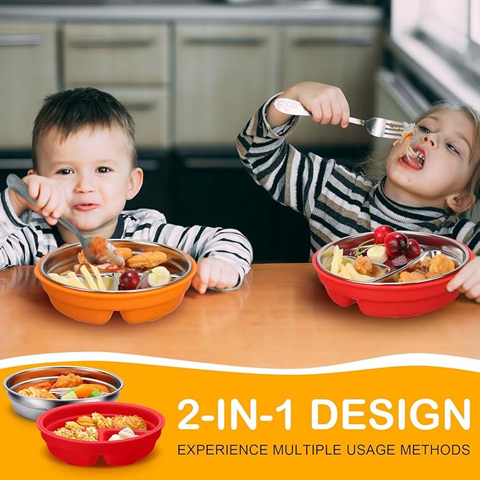 Nuogo 2 Pcs Stainless Steel Baby Suction Plates with Removable Silicone Shell 2-in-1 Metal Toddler Bowl Divided for Picky Eaters Kids Feeding Led Weaning Supplies, Dishwasher Safe (Orange,Red)