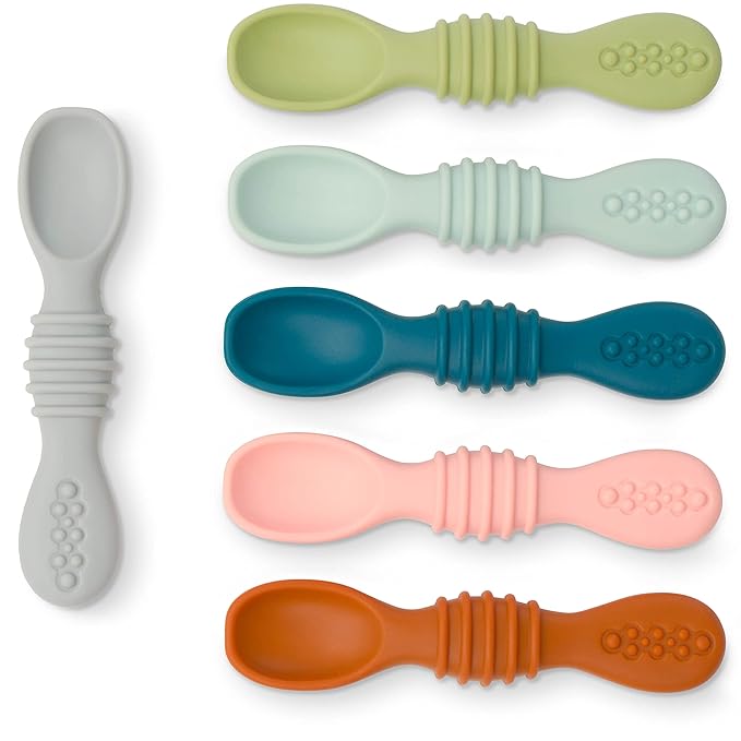 Simka Rose Silicone Baby Spoons Self Feeding (6 Pack)- First Stage Infant Spoons for Babies & Toddlers- Baby Led Weaning Shallow Spoons- Easy on Gums- 6 Months+ -Dishwasher Microwave Safe