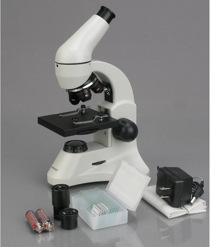 AmScope M120C-2L-PB10-E5 Digital Microscope, WF10x and WF25x Eyepieces, 40x-1000x Magnification, Brightfield, Upper and Lower LED Illumination, Plain Stage, Includes Blank and Prepared Slides, 5MP Camera and Software