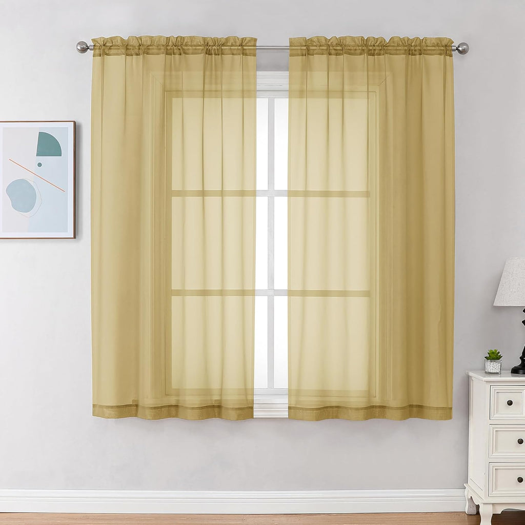 Chyhomenyc Gold Sheer Curtains 63 Inch Length 2 Panels, Rod Pocket Solid Window Sheer Curtain Panels, Elegant Curtains & Drapes for Living Room Bedroom 2 Panels (Gold, 42 W x 63 L)