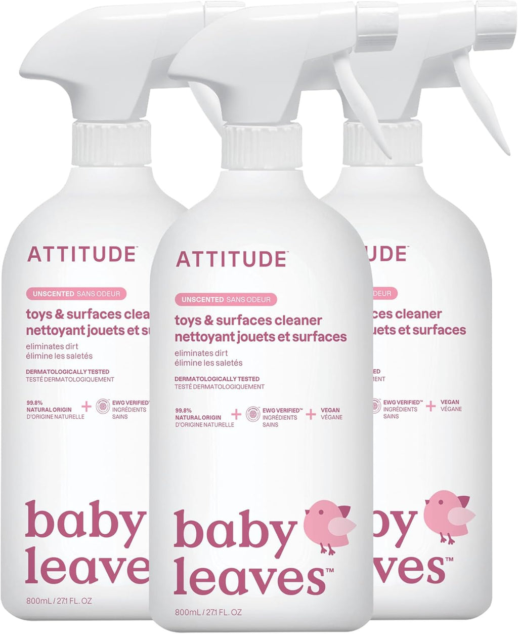 ATTITUDE Toy and Surface Cleaner, EWG Verified, Plant- and Mineral-Based, Vegan Household Products, Unscented, 27.1 Fl Oz (Pack of 3)