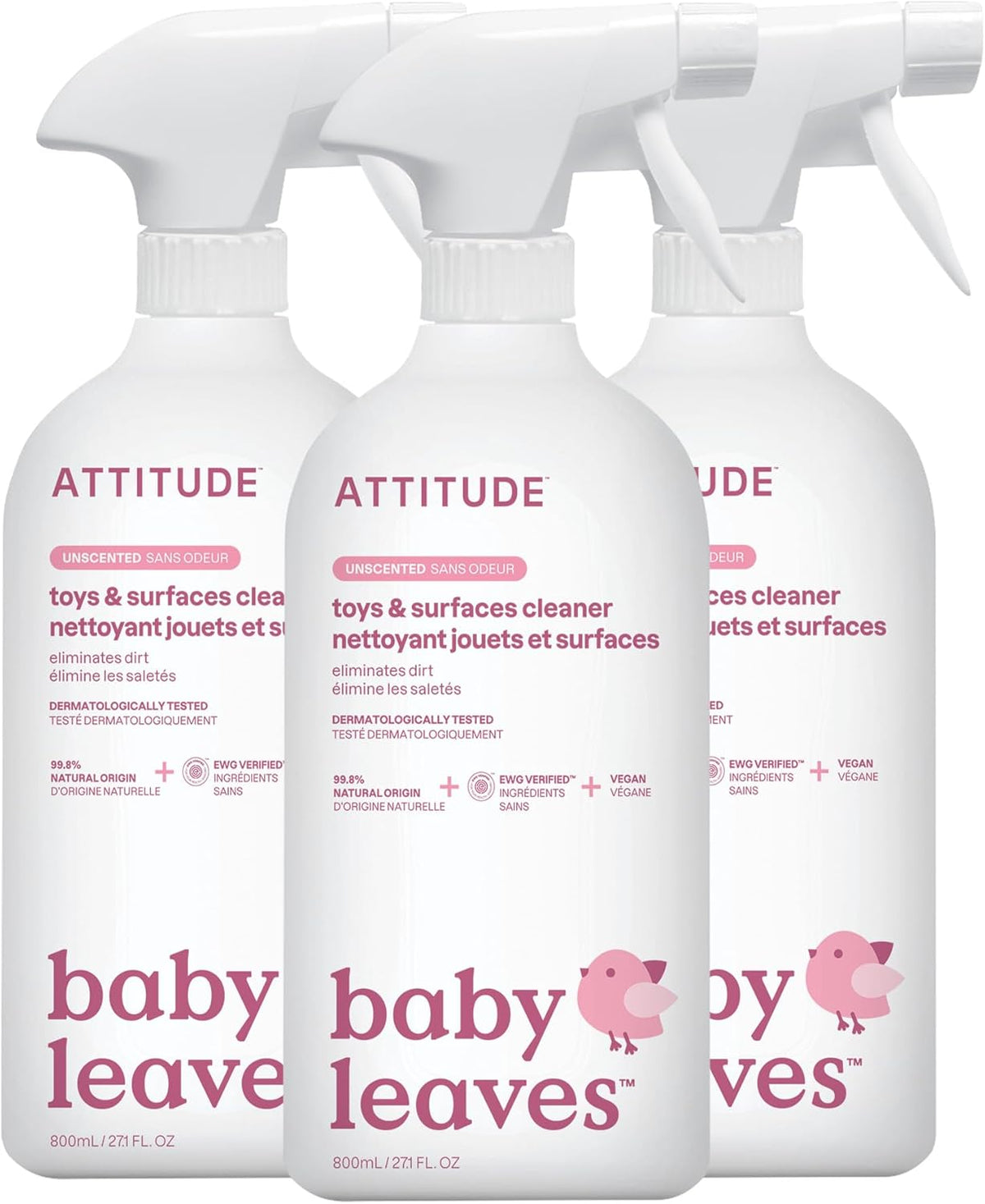 ATTITUDE Toy and Surface Cleaner, EWG Verified, Plant- and Mineral-Based, Vegan Household Products, Unscented, 27.1 Fl Oz (Pack of 3)