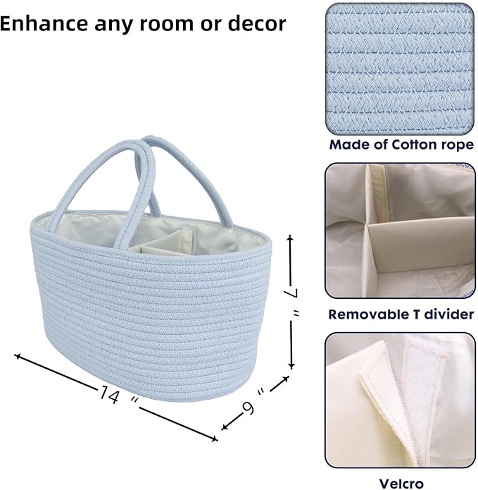 Diaper Caddy Organizer Cotton Rope Baby Basket Nursery Storage and Portable Tote Bag for Car Ideal Baby Shower Gifts and Registry Must-Have for Newborn Essentials blue