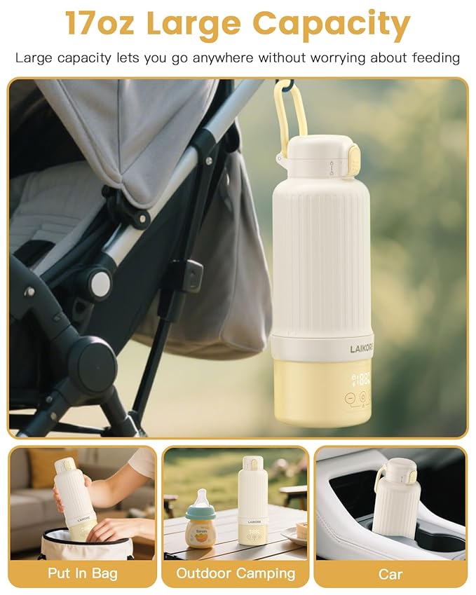 Portable Baby Bottle Warmer for Travel – 17oz Cordless Milk Warmer with Detachable Battery, USB Rechargeable Breast Milk Warmer, Baby Bottle Heater for Home and On-The-Go Use