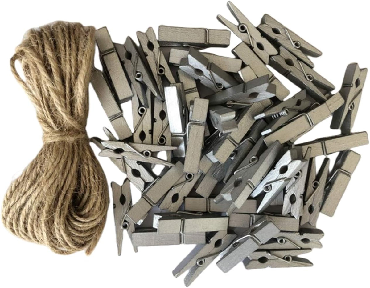 DurReus Wood Clips Strong Photos Pins Peg Home Party Decorative Accessories with Jute Twine Silver Pack 50