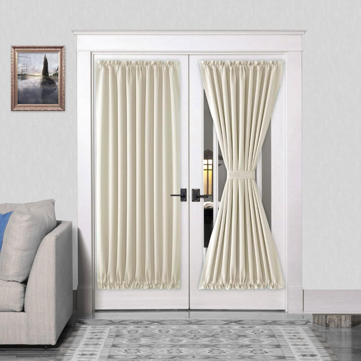 DWCN French Door Curtains – Rod Pocket Thermal Blackout Curtain for Doors with Glass Window, Kitchen and Patio Doors for Privacy, 54 X 72 Inches Long, 1 Curtain Panel with Tieback, Light Beige