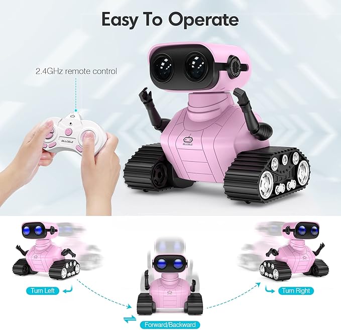 ALLCELE Girls Robot Toy, Rechargeable RC Robot for Kids, Remote Control Toy with Music and LED Eyes, Gift for Children Age 3 Years and Up - Pink