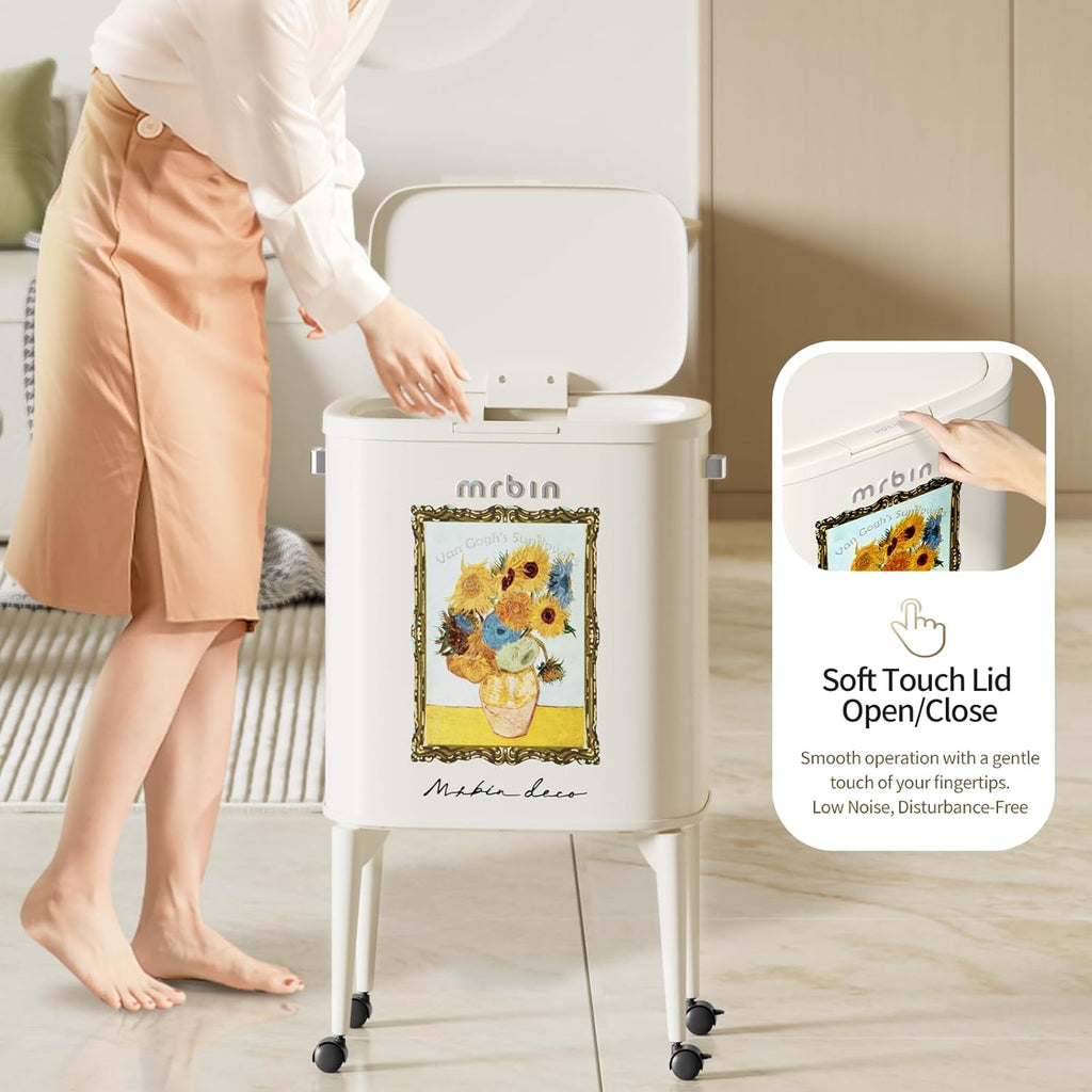 MRBIN Metal Kitchen Trash Can with Wheel Legs, 36L / 9.5gal Medium Press Lid Slim Waste Basket, Pet Proof Tall Narrow Garbage Pail for Vanity, Bedroom, Bathroom, Living Room, Sunflower