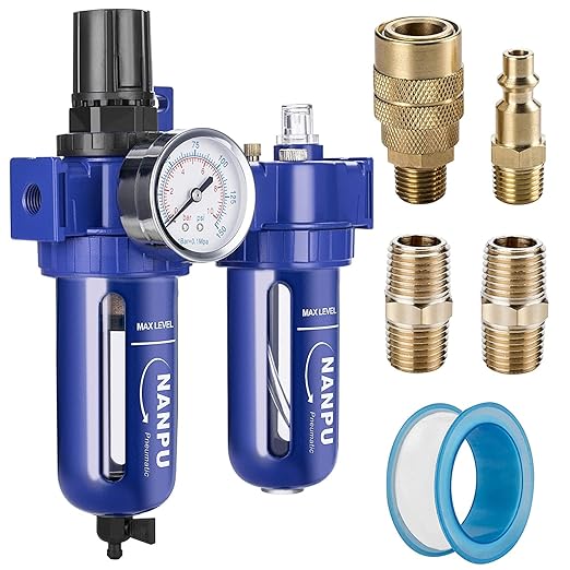 NANPU 1/4" NPT Compressed Air Filter Regulator Lubricator (FRL), Zinc Alloy, 5 Micron Brass Element, 0-150 psi Gauge, Quick Release Bowl, Manual Drain, Metal Bracket
