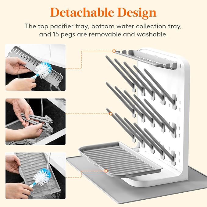 Lifewit Large Baby Bottle Drying Rack with Drain Mat, 15 Hooks Vertical Rack Dryer with Removable Pacifiers Box, Drip Tray, Space Saving Countertop Holder Organizer for Weighted Straws, Pump Parts
