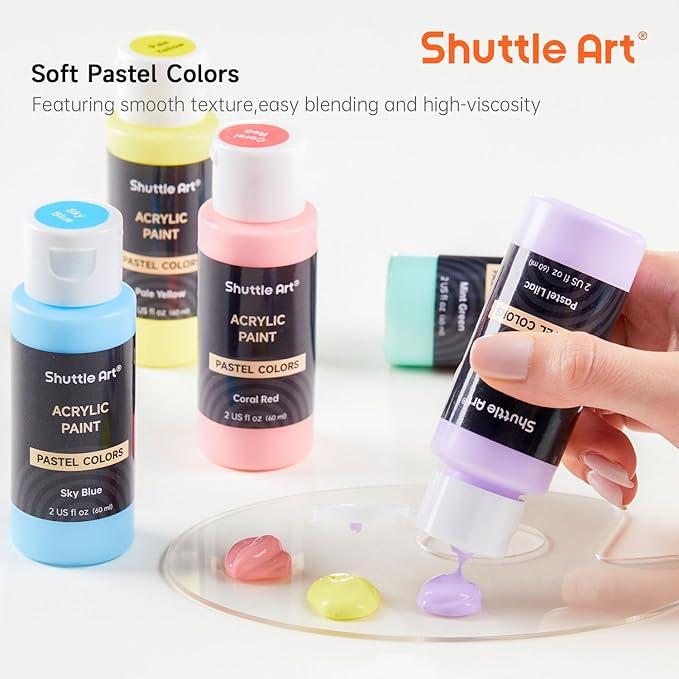 Shuttle Art 40 Pack Pastel Acrylic Paint Set, 30 Colors, 60ml/2oz Bottles, High Viscosity, Water-proof With 10 Paint Brushes for Painting &Crafting on Canvas, Rock, Ceramic, Fabric, Clay