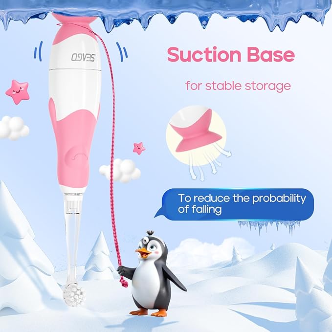 SEAGO Toddler Electric Toothbrushes for Baby Ages 0-3 Years, Baby Toothbrush with Smart Timer and Suction Base, 4 Replacement Brush Heads SG-513(Pink-C)
