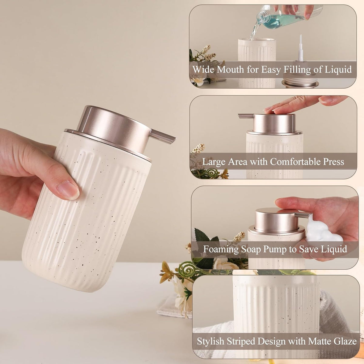 BosilunLife Foam Hand Soap Dispenser - Ceramic Foaming Soap Dispenser for Bathroom 12oz Refillable Liquid Lotion Soap Dispenser with Rust-Proof Foaming Pump for Countertop