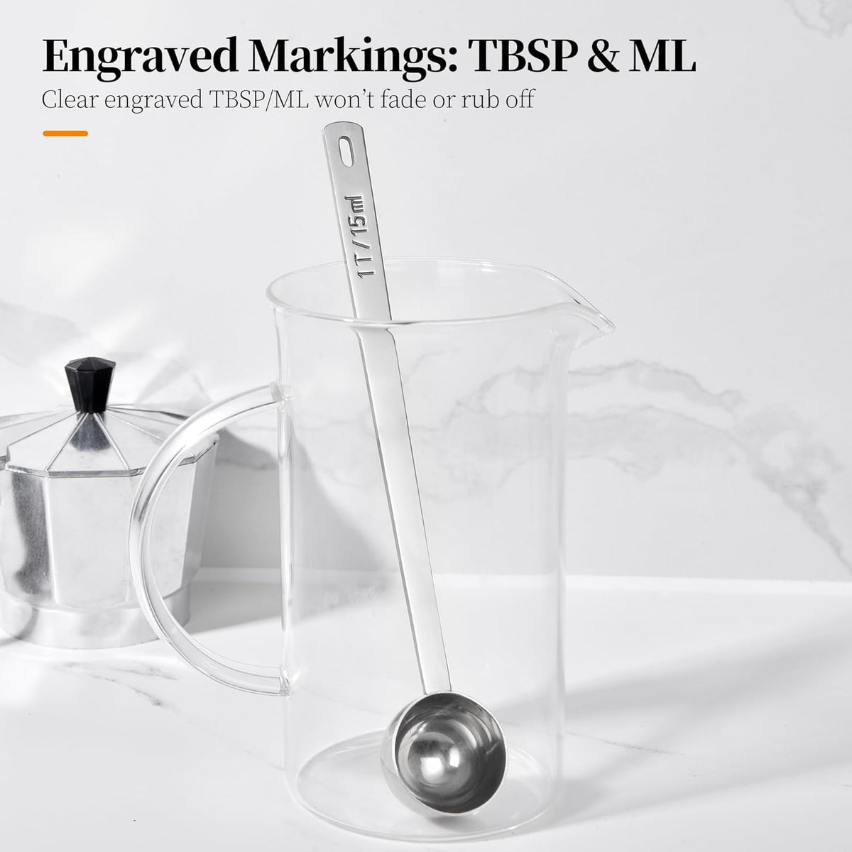 Long Handle Coffee Scoop: 8.3 Inch 18/8 Stainless Steel 1 Tablespoon Metal Measuring Spoon Tbsp Scoop for Coffee Beans, Grounds Coffee, Coffee Powder, Tea, Tall Jars (1Tbsp/15ml)