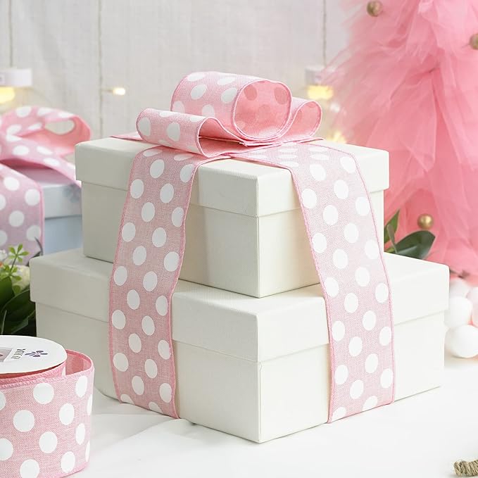 MEEDEE Pink Polka Dot Ribbon - 2.5 inch Wired Ribbon for Baby Girl Wreaths & Crafts, 10 Yards
