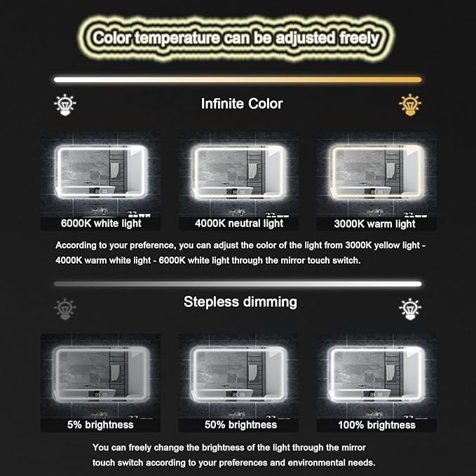 Smart Lighted Bathroom Mirror for Wall，Bathroom Mirror with LED Lights，Lighted Bathroom Makeup，Waterproof，Shatterproof，with Touch Sensor/Dimming/Demister pad(H50*W70cm/H19.7*W27.6IN)