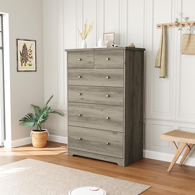 VINGLI Tall Dresser, Rustic Grey Dresser 6 Drawer Chest of Drawers, Wood Gray Dressers for Bedroom, Hallway, Home Office, 31.5" W x 15.75" D x 47.64" H
