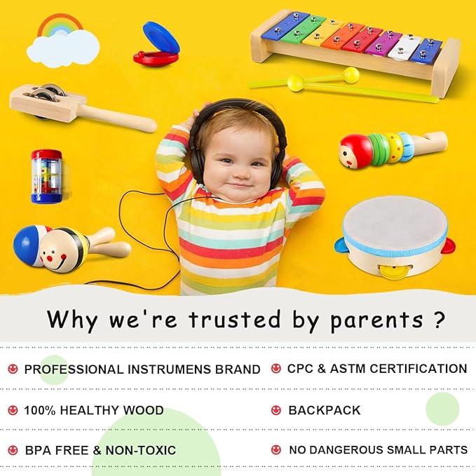 LOOIKOOS Toddler Musical Instruments Set Wooden Percussion Instruments Xylophone Toy for Kids Montessori Toys for 1 Year Old Boys Girls with Maracas Easter Eggs
