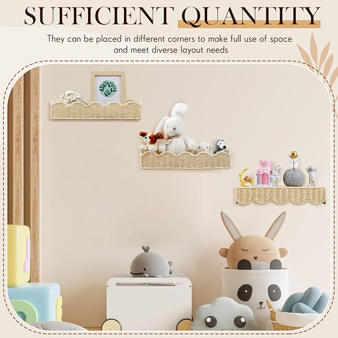 Pinkunn 3 Set Nursery Book Shelves Scalloped Rattan Wall Shelf 15.8 x 3.2 Inch Wall Mounted Plastic Floating Book Shelve, Hanging Boho Wicker Woven Shelf for Nursery Decor and Storage (Boho Beige)