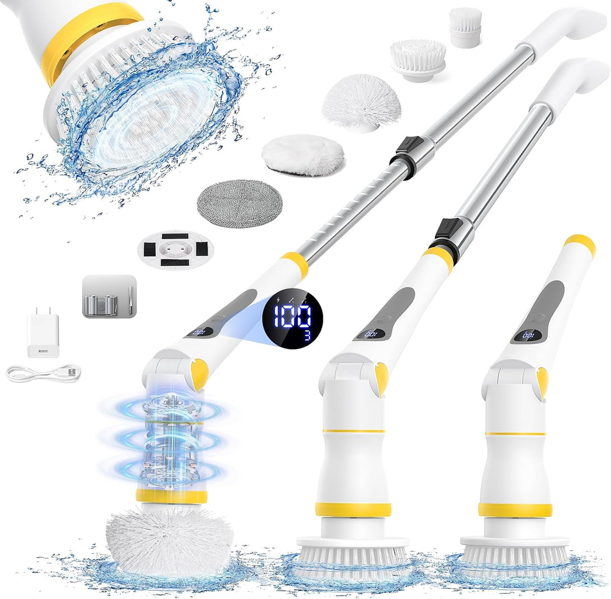 Electric Spin Scrubber, Cordless Cleaning Brush with LED Display, 4 Adjustable Angles, 3 Speeds, 2H Runtime, Adjustable Handle, 5 Brush Heads for Bathroom Tub Kitchen Tile Floor Car