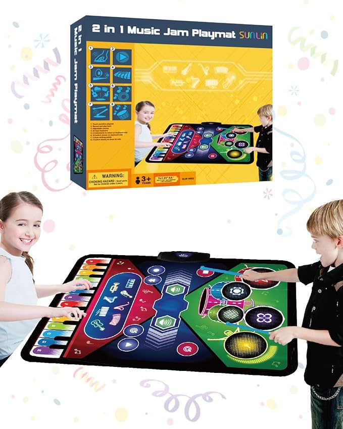 SUNLIN 2-in-1 Music Jam Mat, Music Learning Toy for Boys Girls 3-6, Drum Set + Piano Mat, Toddler Birthday Gift 3 4 5 6 Years, Record & Playback, Built-in Songs, 8 Instrument Sounds, Volume Control