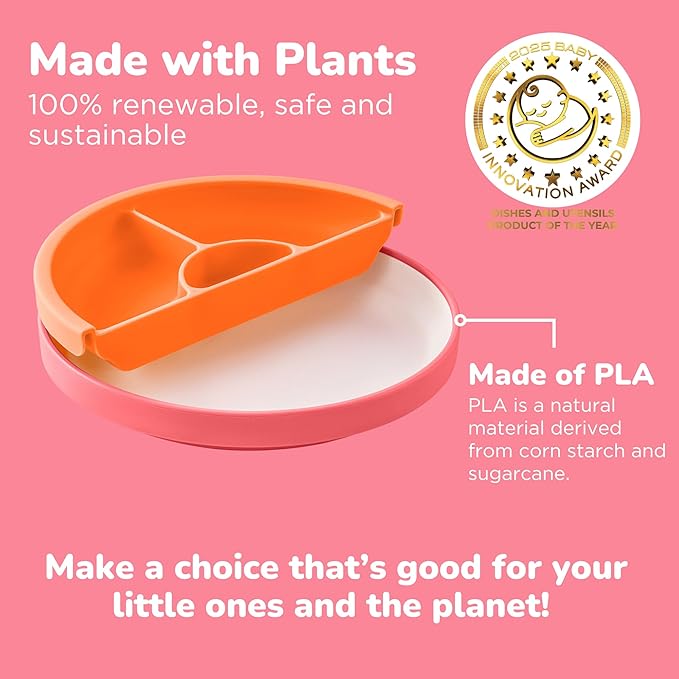 Omie® Easy Scoop Plates for Kids | Unique Design Helps Food Fall into the Spoon, Not on the Table | Made from Plants | 3 Plates + 2 Silicone Dividers | Pink