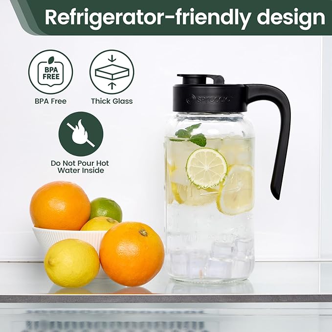 Mason Jar Pitcher - Airtight & Leakproof Glass Pitcher with Lid[set of 2], Perfect for Breastmilk, Cold Brew, and Sun Tea, 2 Quart (64 oz) Mason Jar with Pour Spout Lid