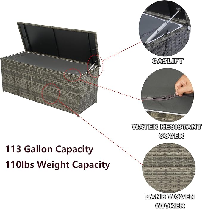 CHUNLY 113 Gallon Outdoor Waterproof Large Wicker Deck Box with Lids Indoor Storage Bench Storage Cabinet for Patio Furniture Cushions, Packages, Pillows and Garden Tools, Gray