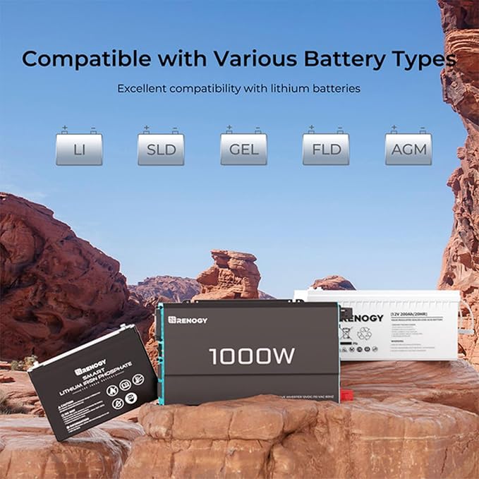 Renogy 1000W Pure Sine Wave Inverter 12V DC to 120V AC Converter for Home, RV, Truck, Off-Grid Solar Power 110V with Built-in 5V/2.1A USB Port, Hardwire Remote Controller