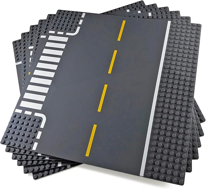 Apostrophe Games Road Baseplate – Premium Building Blocks Base Plates Compatible with All Major Brands – 6pcs Baseplate Gray with Road Design – Straight, Curve, Crossroad, T-Junction