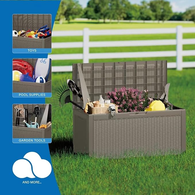 Multi-Functional 100 Gallon Patio Storage Bench - Waterproof Outdoor Deck Box & Storage Cabinet, Lockable Resin Chest for Pool/Garden Accessories, UV-Resistant, Weathered Grey