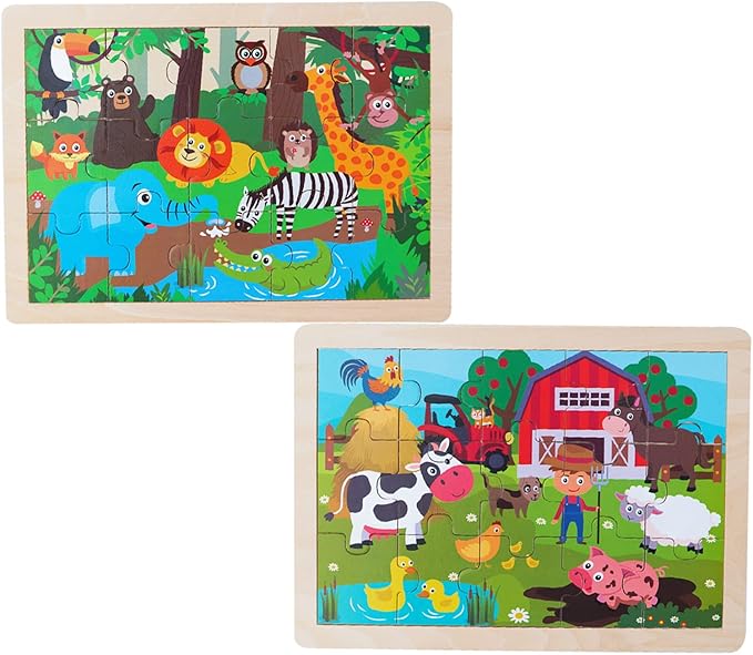 Animals Wooden Jigsaw Puzzle for Kids Set of 2 - African Wildlife and Farm Animals（15 pcs） Preschool Educational Learning Toys Gift for Toddlers Boys and Girls