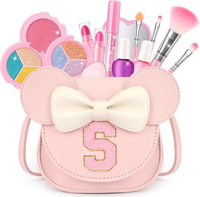 Kids Makeup Kit for Girls - 15 Pcs Real Washable Make Up Set - Non Toxic Toddlers Cosmetic with Letter Mouse Ear Purse - Dress up Birthday Gifts for 3 4 5 6 7 8 Years Old Girls - S