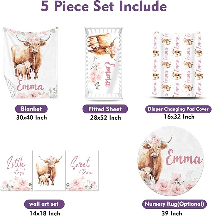 Personalized Baby Crib Bedding Set for Baby Girls, Pink Highland Cow Pattern Custom Name Baby Crib Sets 5-Pcs, Toddler Double Layer Blanket Fitted Sheets Changing Pad Cover Rug Wall Art Set