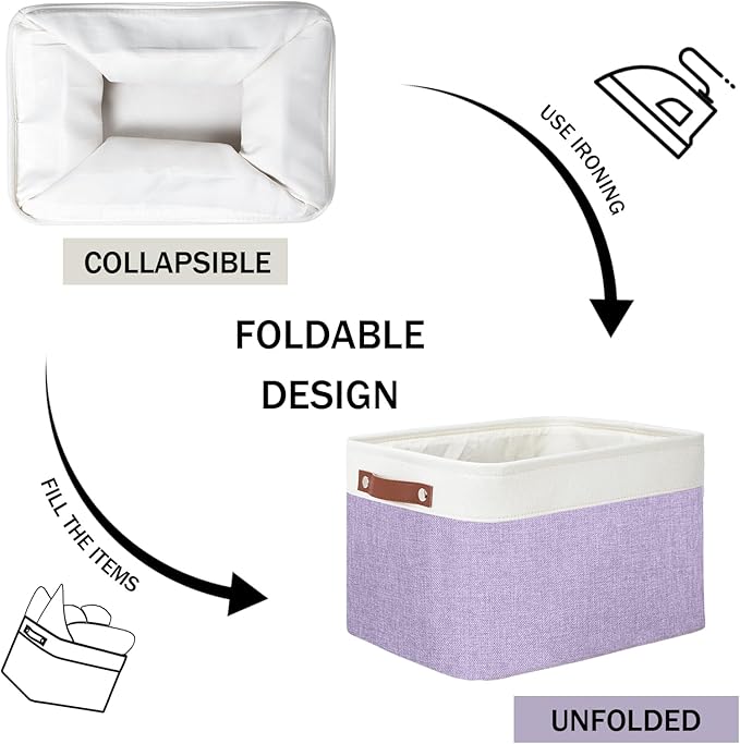 DULLEMELO Storage Baskets for Organizing, Shelves,Bedroom, Decorative Storage Bins with Leather Handles, Fabric Storage Basket for Office, Toys(3-Pack, White&Purple)