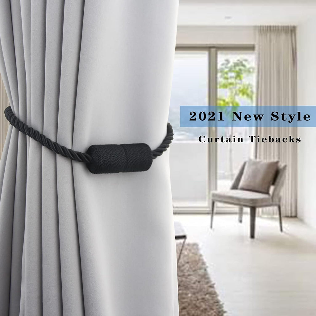 4 Pack Strong Magnetic Curtain Tiebacks Outdoor Elegant Decorative Tie Backs Modern Rope Tiebacks for Drapes Window Curtain Holdbacks for Draperies- Black