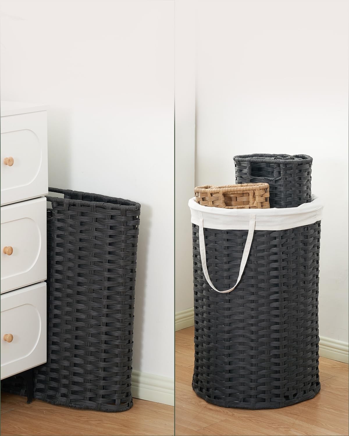 Laundry Hamper with Lid Laundry Basket with Lid 19.0 Gal (72 L) Round Wicker Laundry Basket Handwoven Rattan Basket with Lid Removable Bag 2 Mesh Bags Handles for Living Room Bathroom Black