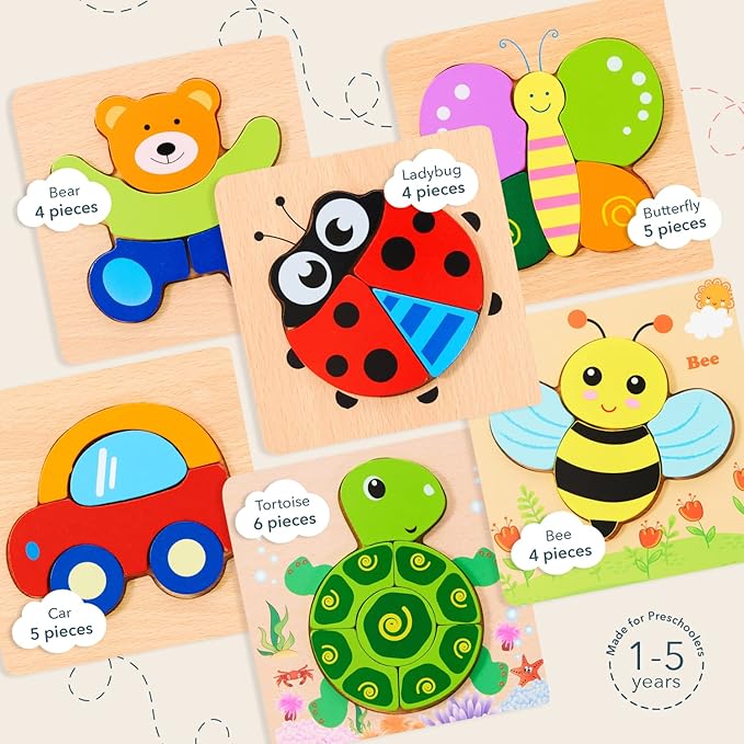 MAGIFIRE Wooden Puzzles 12-18 Months - Multicolor 6-Pack Animal & Vehicle Shapes with Storage Bag - Chunky Wood Puzzles for Fine Motor & Hand‐Eye Coordination - Ideal Toddler Gifts Age 1-2
