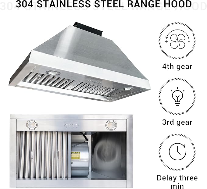 CHETTO C Stainless Steel Range Hood Cover with 4-Speed Vent Hood Insert Custom Handmade Metal Kitchen Fan with Towel Rack LED Light 30"W x27"D x24"H Black Island Mount