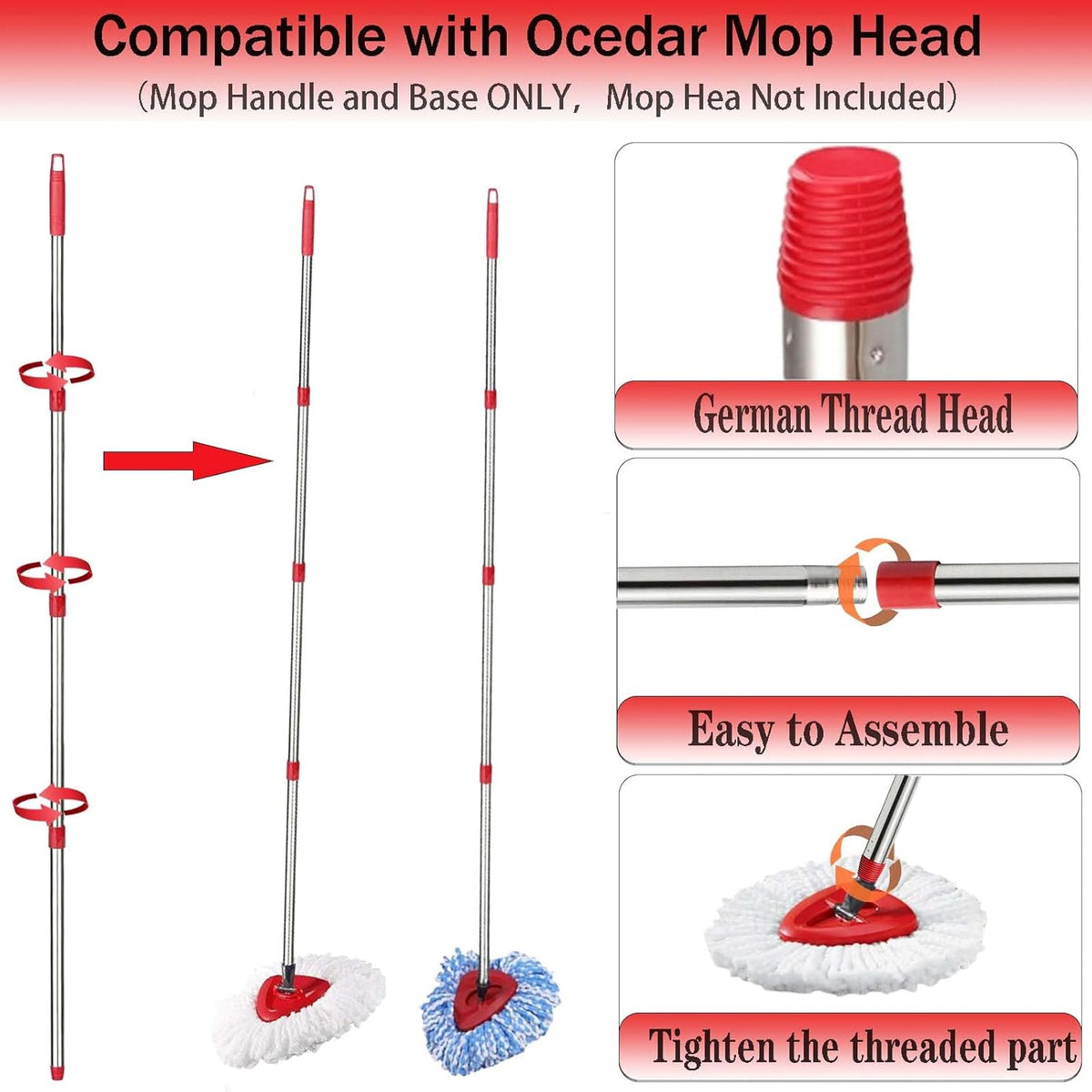 Spin Mop Replacement Handle, 4-Section 30-to-58 inch Mop Replacement Stick and Base Compatible with Ocedar Mop Handle for Easy Wring Mop Refills, Germany Screw Joint(Mop Head not Include)