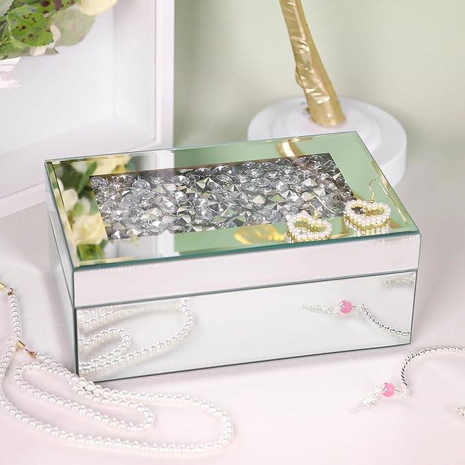 Luxury Mirrored Jewelry Box with Crushed Diamond - Glass Jewelry Box Organizer Storage for Women, Ring Holder Case for Dresser and Decorative