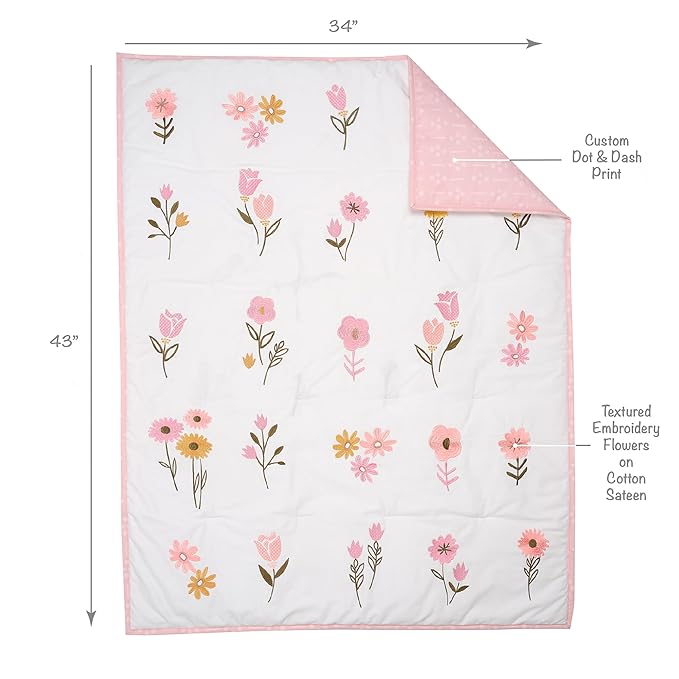 Lambs & Ivy Little Garden 3-Piece Embroidered Floral Baby Crib Bedding Set