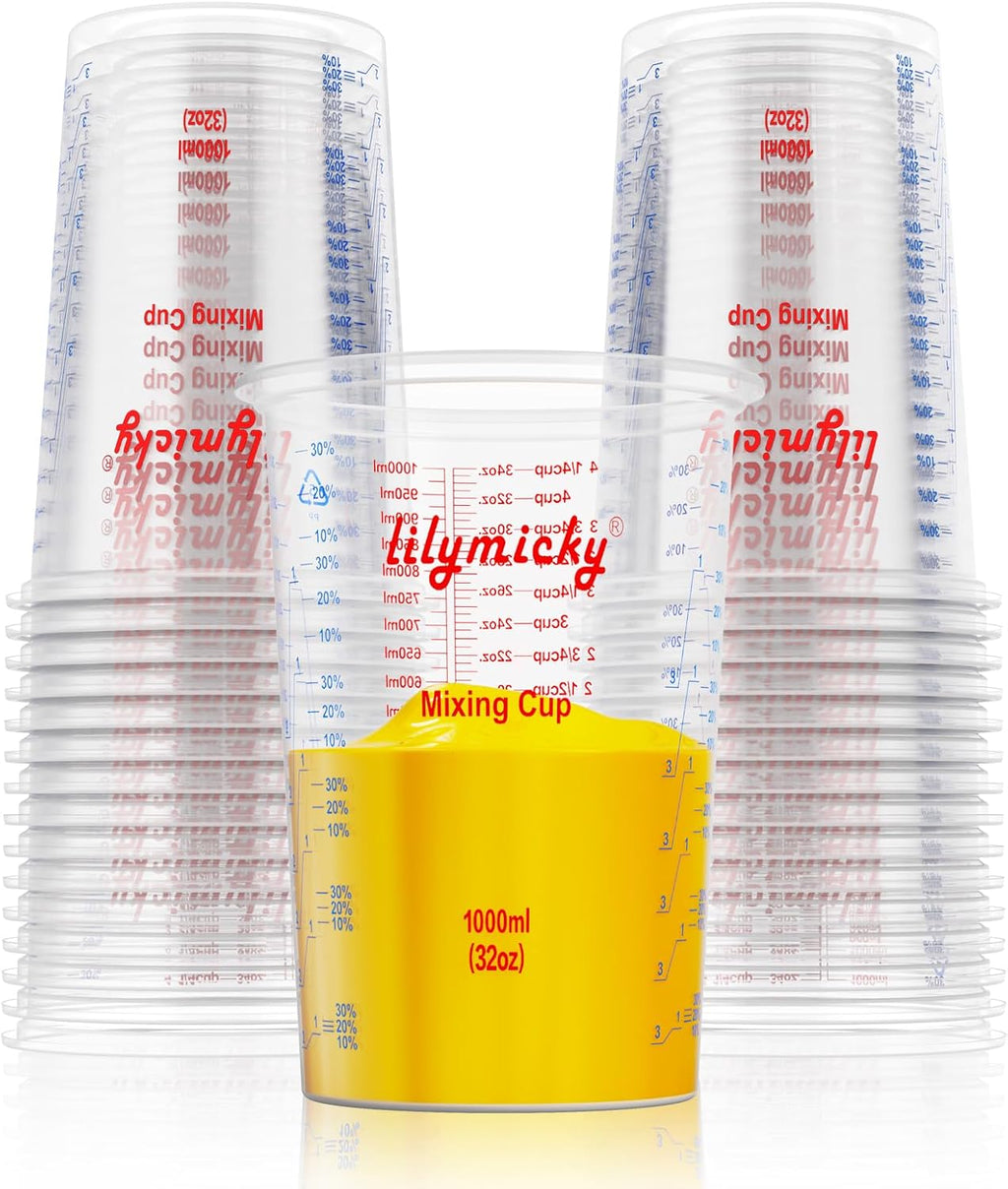 25 PACK Plastic Measuring Cups, 32 oz (1000ml) Disposable Mixing Cups, Measurement ratios: 2:1, 3:1, 4:1, Perfect for Epoxy Resin, Paint Mixing, Art DIY