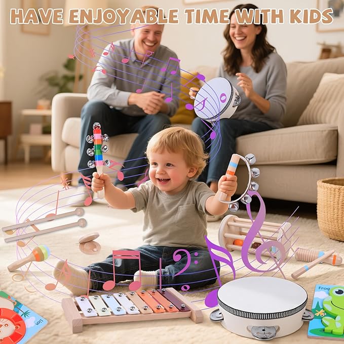15 PCS Baby Musical Instruments Set, Toddler Musical Instruments Montessori Natural Wooden Percussion Instruments Music Toy Set with Wooden Puzzles, CPC Certified Music Toys for Toddlers 1-6