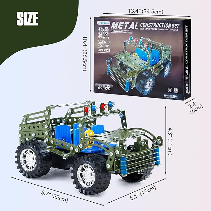 Stem Toys for Boys Age 8-12 - Off-Road Metal Model Car Kits, 283pcs Stem Building Toys Kits, Army Toy for 8-10，STEM Projects for Kids 10-12, 12-14 Engineering Gifts for Ages 14 and Up Adults