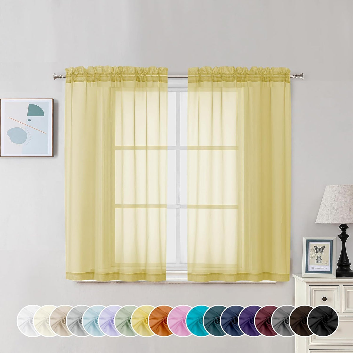 Chyhomenyc Yellow Sheer Curtains 45 Inch Long 2 Panels, Light Filtering Rod Pocket Voile Short Curtains Drapes for Living Room Bedroom Small Windows, 42Wx45L Inches